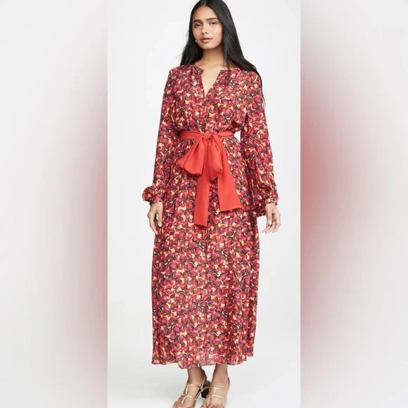 Saloni 100% Silk Red Yellow Floral Print Maxi Dress *No Sash* US Size 2 - Picture 2 of 8